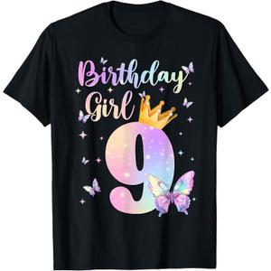 Birthday Girl 9 Year Old Butterfly Theme Party 9th Bday Kids T-Shirt (Black, M)