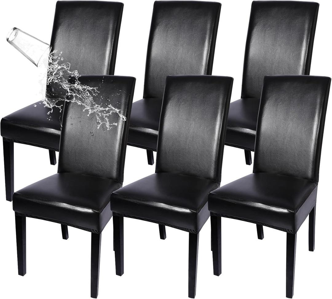 SearchI Waterproof Dining Chair Covers Set of 6, Stretch Oilproof Parsons Chair Slipcovers Removable Washable Kitchen Chair Protector for Dining Room (Black) (Pu Leather Black)