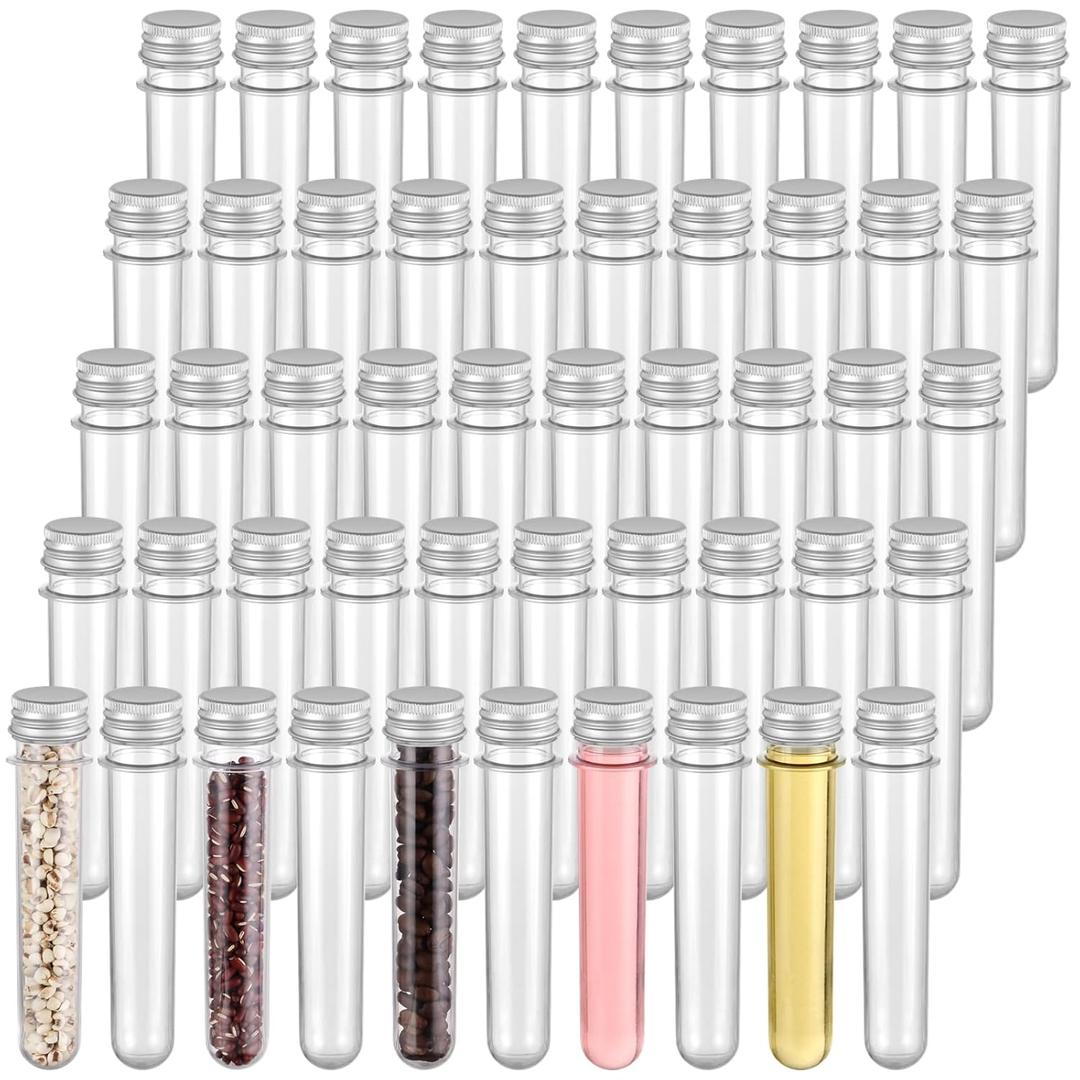 50 PCS 45ml Test Tubes, Plastic Test Tubes with Aluminum Threaded Caps, 1.0 x 5.6 Inches Clear Candy Tubes Vials, Storage Tubes Container for Sample Powder Seed Bead Candy Science Party