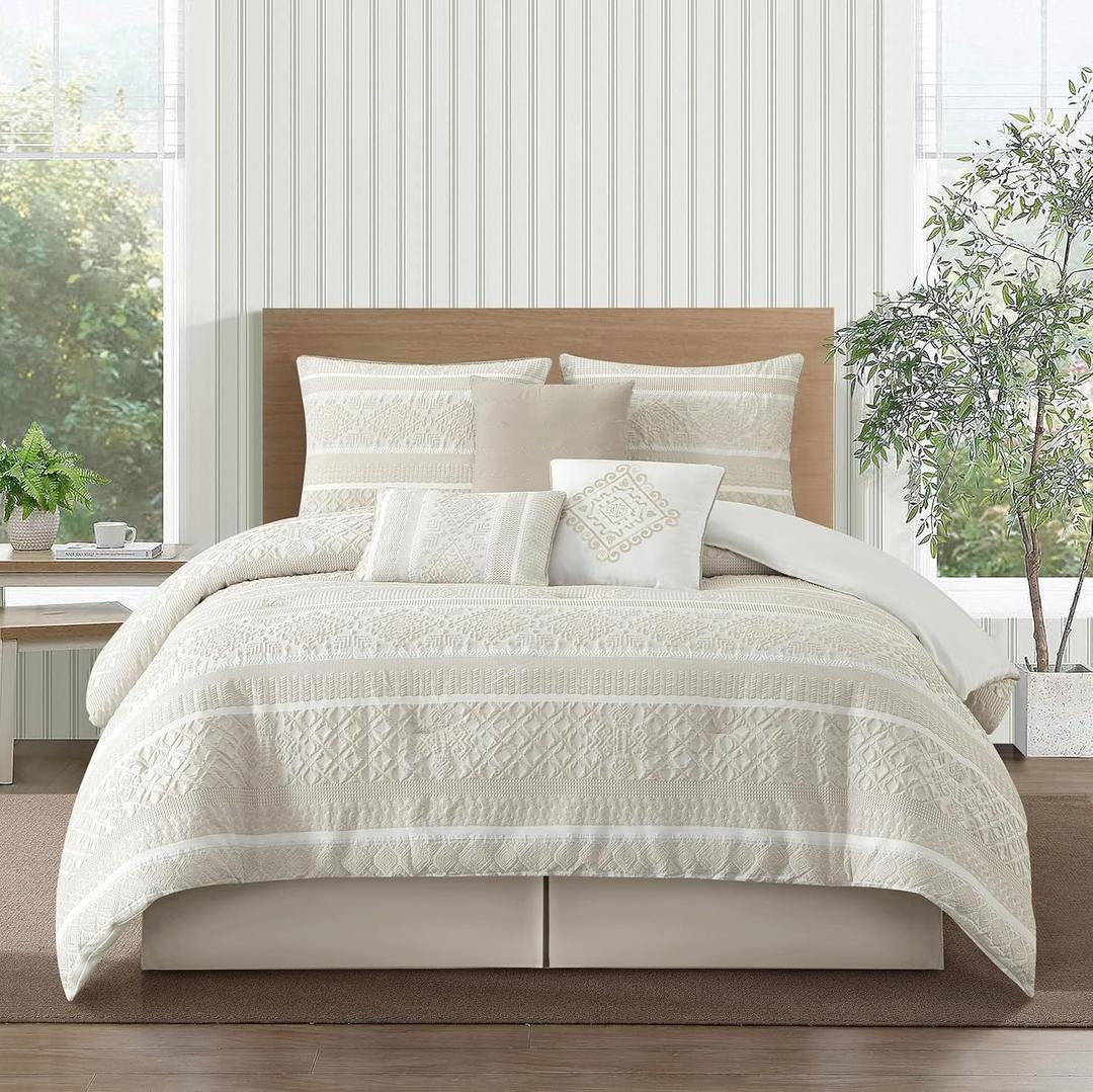 Stratford Park Beige Queen Size Comforter Set, 7 Piece Jacquard Patchwork Bedding Set, All Season Bedding, Matching Pillows, Shams, Bed Skirt
