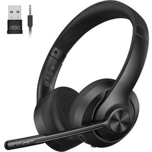 AOC Wireless Headset with Mic for Work, Bluetooth 5.4 Computer Headphones with USB-C Dongle, Clear Call Mic, 30H Battery, One-Touch Mute for PC, Laptop, Home Office, Zoom, Phones - Black