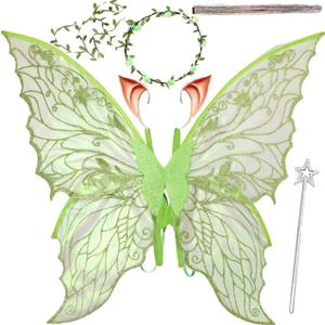 Fairy Wings for AdultsFairy Costume Set with Floral Garland, Fairy Hair Tinsel, Wand & Elf Ears  29"x21" Organza Butterfly Wings  Ideal for Cosplay, Party, Green