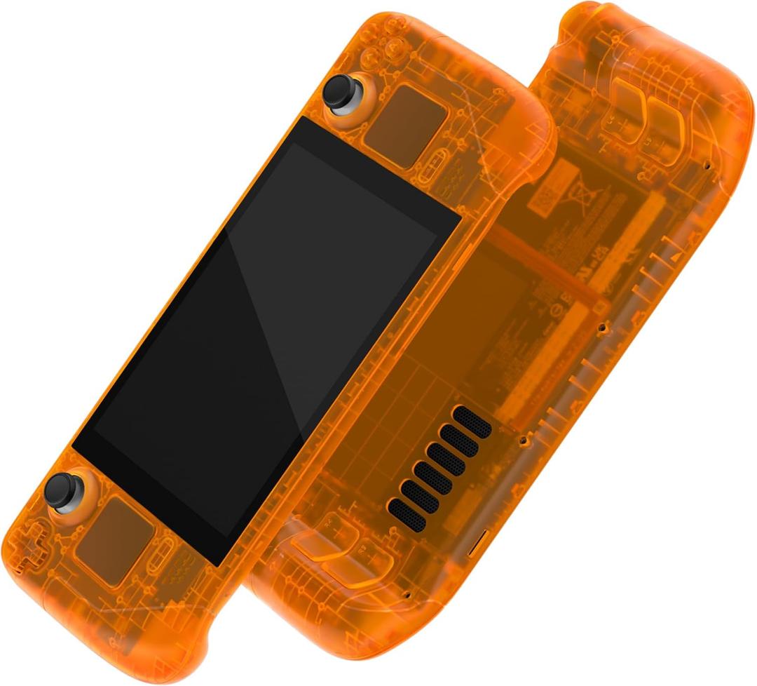 eXtremeRate Clear Orange Custom Faceplate Back Plate Shell for Steam Deck LCD, Handheld Console Replacement Housing Case, DIY Full Set Shell with Buttons for Steam Deck LCD - Console NOT Included