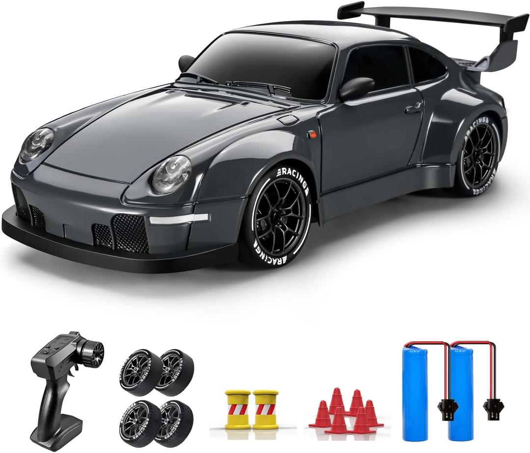 ACAMMZAR RC Drift Car, 1:24 Remote Control Car for Kids, 20KM/H 4WD High Speed RC Cars with LED Lights, Two Batteries, Extra Drifting Tires, Vehicle for Adults Boys Girls (Dark Gray)
