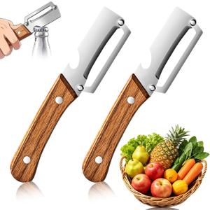 2pcs,Multi-Functional Vegetable Peeler for Kitchen, Ultra-Sharp Stainless Steel Blade with Wooden Handle & Bottle Opener, Ergonomic Fruit and Potato Peeler
