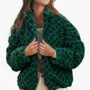 Womens Checkered Sherpa Jacket Cropped Long Sleeve Plaid Fleece Coats Casual Zip Up Gingham Outwear with Pockets (XS)