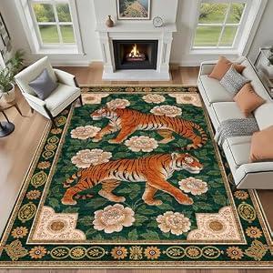 Tiger 9x12 Area Rug Vintage Green Rugs Machine Washable Non-Slip Low-Pile Oriental Animal Floor Carpet Mat for Living Room Bedroom Dining Room Office