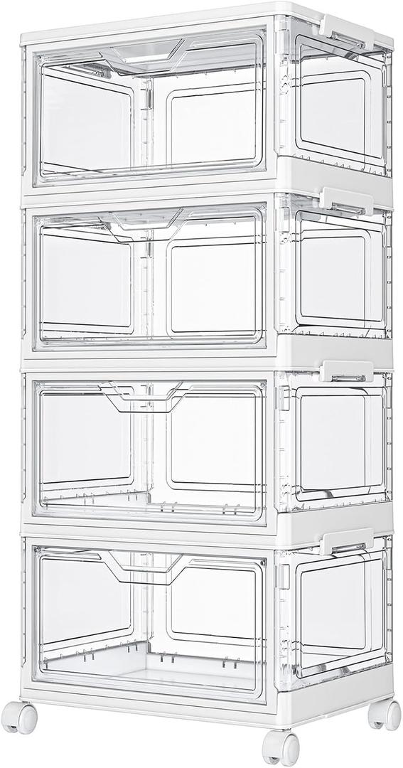 Kmiectse Clear Storage Bins with Lids - 4 Tier Plastic Bins with Wheels, Stackable Storage Bin, Closet Organizers Box for Bedroom, Living Room, 23 QT Folding Box with Magnetic door