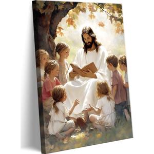 Jesus With Children Canvas Wall Art Jesus Teaching Children Wall Decor Pictures God Poster Print for Living Room Bedroom Church Decorations, 12X16in