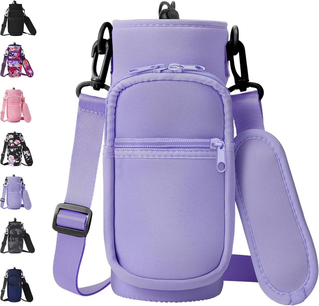 AceTreker 32 40 oz Water Bottle Carrier with Strap, Neoprene Water Bottle Sleeve Bag with 2 Pockets Insulated Flask Sling Holder for Walking Hiking Gym (A3. Purple)