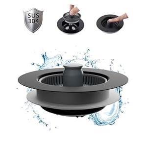 Hibbent Upgraded 3 in 1 Kitchen Sink Drain Strainer and Stopper Combo, Stainless Steel Metal Pop Up Sink Stopper, 3 Anti-Clogging Basket Strainers for US Standard 3-1/2 Inch Drain, Black
