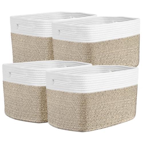 Storage Baskets for Organizing, 14 x 10 x 9” Closet Shelf Woven Baskets, Square Bins with Handles, Cotton Rope Basket for Clothes, Office, Room, White+Rice Brown 4 Pack