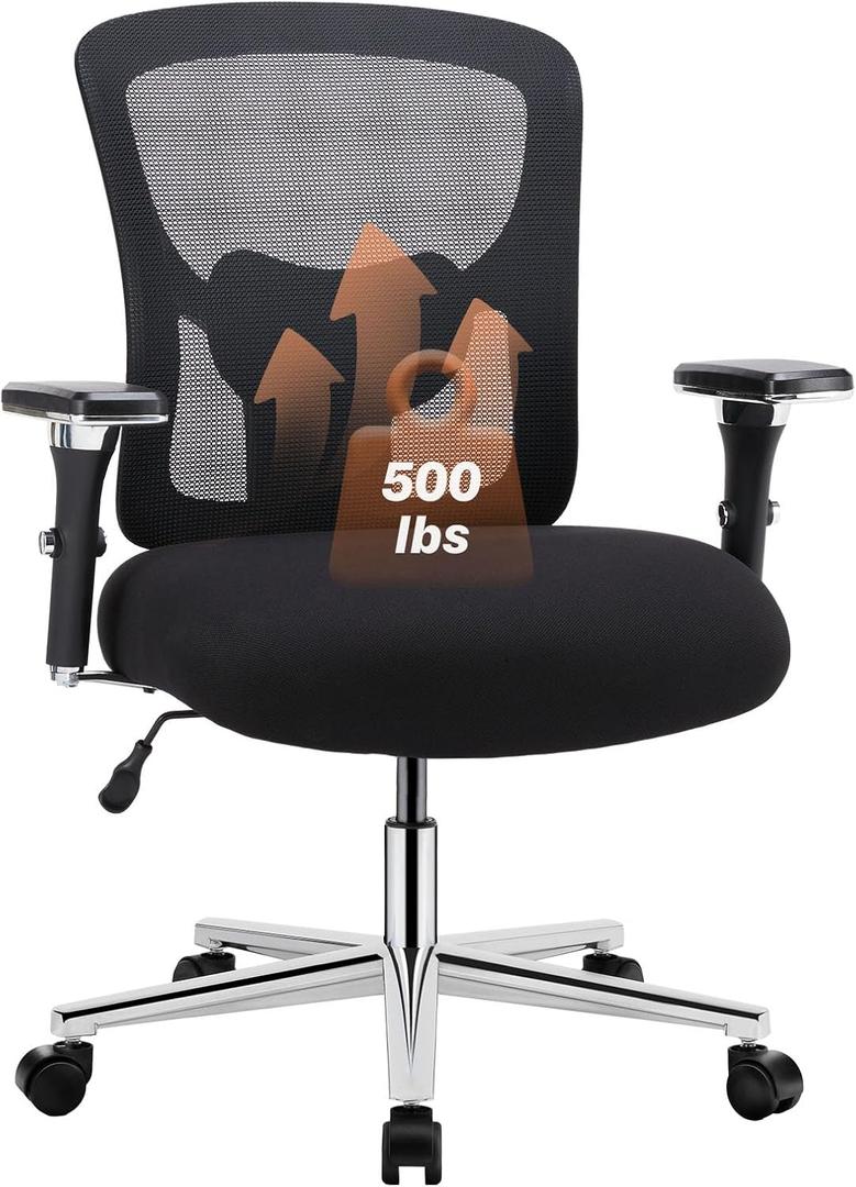 Sweetcrispy Ergonomic 500lbs Wide Heavy Duty Big and Tall Home Office Chair with Adjustable Lumbar Support and Wheels, 3D Armrest, for Adults (Black)