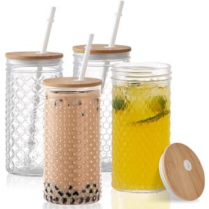 Hyperspace 4Pack Glass Tumblers with Bamboo Lids and Straws, 24 OZ Wide Mouth Mason Jar Drinking Glasses Travel Bottles with Varitey of Patterns for Multi Use