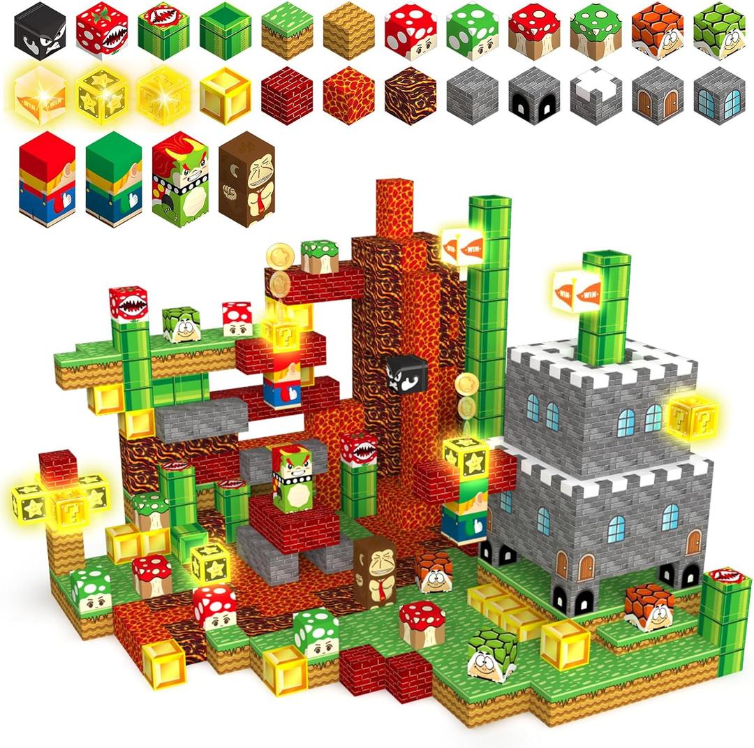 Magnetic Blocks Building Toys, 1" Light Up Building Blocks Magnet Cubes for Toddlers Boys Girls 3+, Build 3D Scenes STEM Sensory Construction Toys