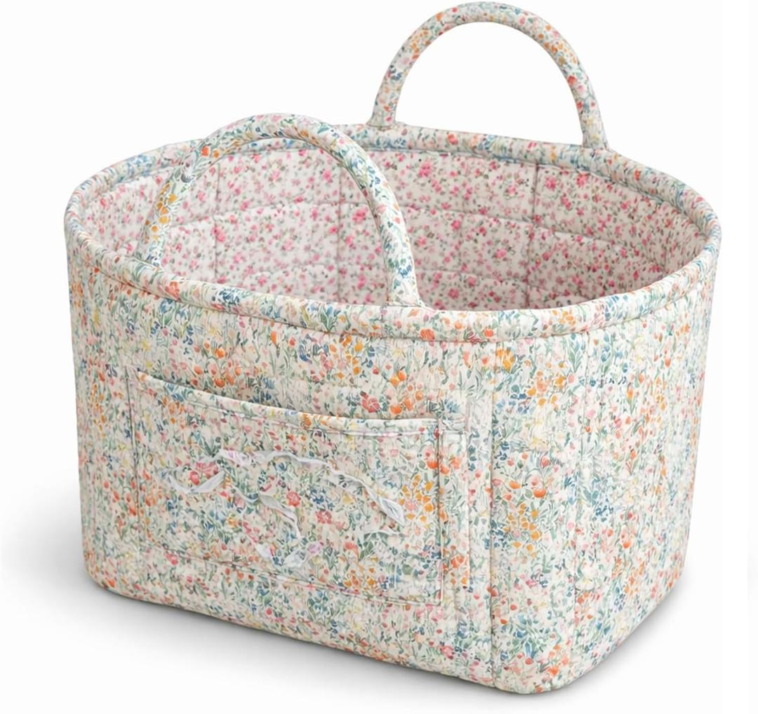 Quilted Laundry Basket with Handles - Multi-Purpose Fabric Storage BasketBoho Fabric Storage Baskets with Handles for Car, Home & Nursery - Collapsible Square Organizer (Blooming Flowers)