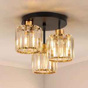 foucasal Semi Flush Mount Ceiling Light 3Light Black Flush Mount Ceiling Light Fixture with K9 Crystal Shades, Industrial Kitchen Ceiling Light for Hallway Entryway Bedroom, E26 Socket