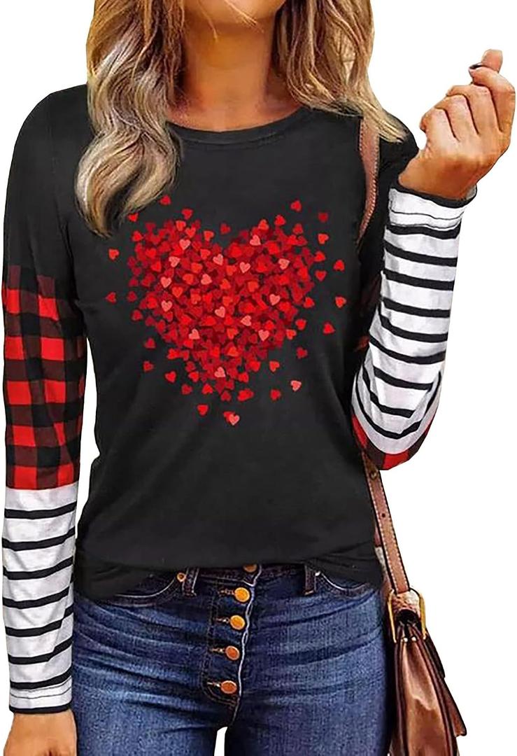 MHTOR Valentines Shirts Women Buffalo Plaid Love Heart Graphic Tees Letter Print Long Sleeve Tops Shirts Valentines Gift (Black, M)