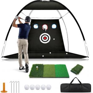 Golf Practice Net with Mat 10x7ft, Hitting Net for Backyard Outdoor Driving & Chipping, Heavy Duty Training Equipment for Home Garage Setup, Portable Golf Net with Target for Men Dad Gift