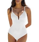 QINSEN Womens Seamed Cup Spaghetti Straps One Piece Bathing Suits Tummy Control Cheeky Swimsuit XL 