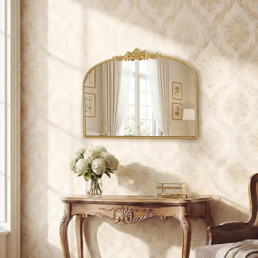 Gold Vintage Mirror 32x24 Inch, Laurel Leaf Ornate Beaded Frame Decorative Vanity Mirror, Antique Style Horizontal Bathroom Mirror for Living Room, EntrywayDresser, Mantle