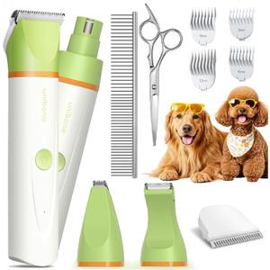 Dog Clippers with Paw Trimmer, All-in-One Dog Grooming Kit Low Noise Electric Rechargeable Small Quiet Foot Razor Pet Hair Shaver with Stainless Steel Scissors Guards for Dogs Cats at Home (Green)