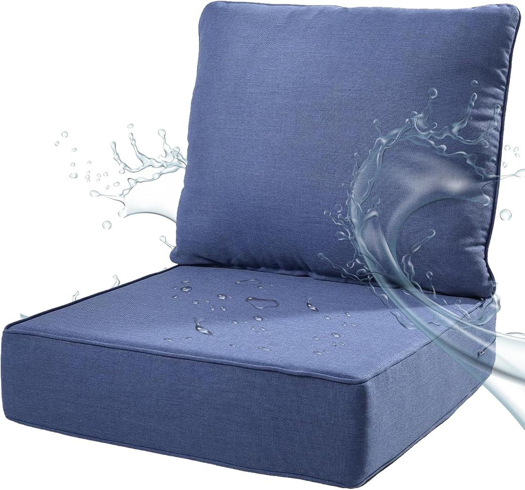 6" Thick Deep Seat Patio Cushions Set - 22x24x6 Waterproof & Fade-Resistant Outdoor Cushions with Removable Cover, Blue Replacement Cushions for Wicker Chairs, Loveseats & Sofas