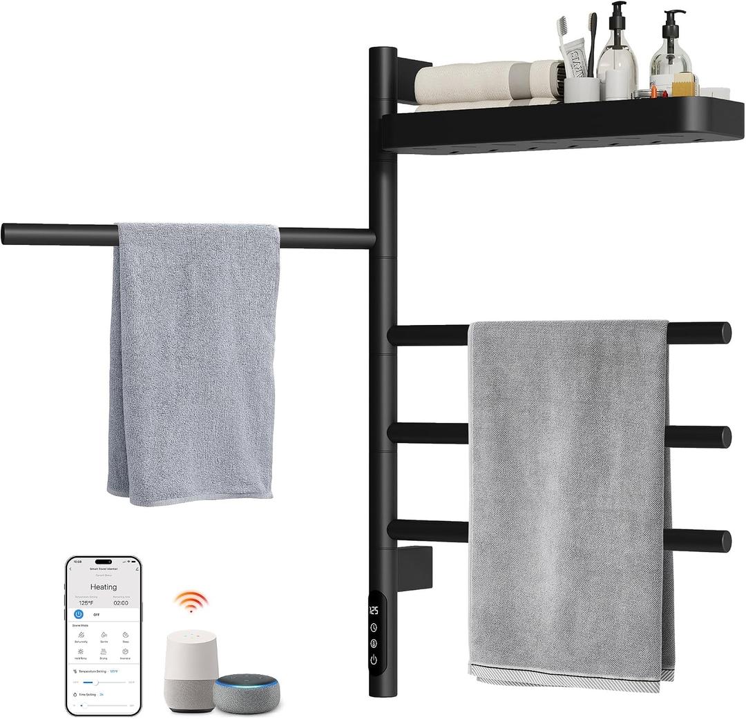 Smart Rotating Heated Towel Rack, 4-Bar, Matte Black | Wall-Mounted Electric Towel Warmer, Swivel Shelf, Wi-Fi App Control, 24H Timer, Stainless Steel, Black 17.72"x26.77"