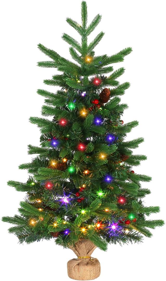 JOYHALO 3FT Small Christmas Tree, Pre-Lit Table Top Mini Tree with White or Multicolor LED, Artificial Christmas Tree with 140 PVC&PE Branches, 8-Function Battery Powered for Holiday Decor