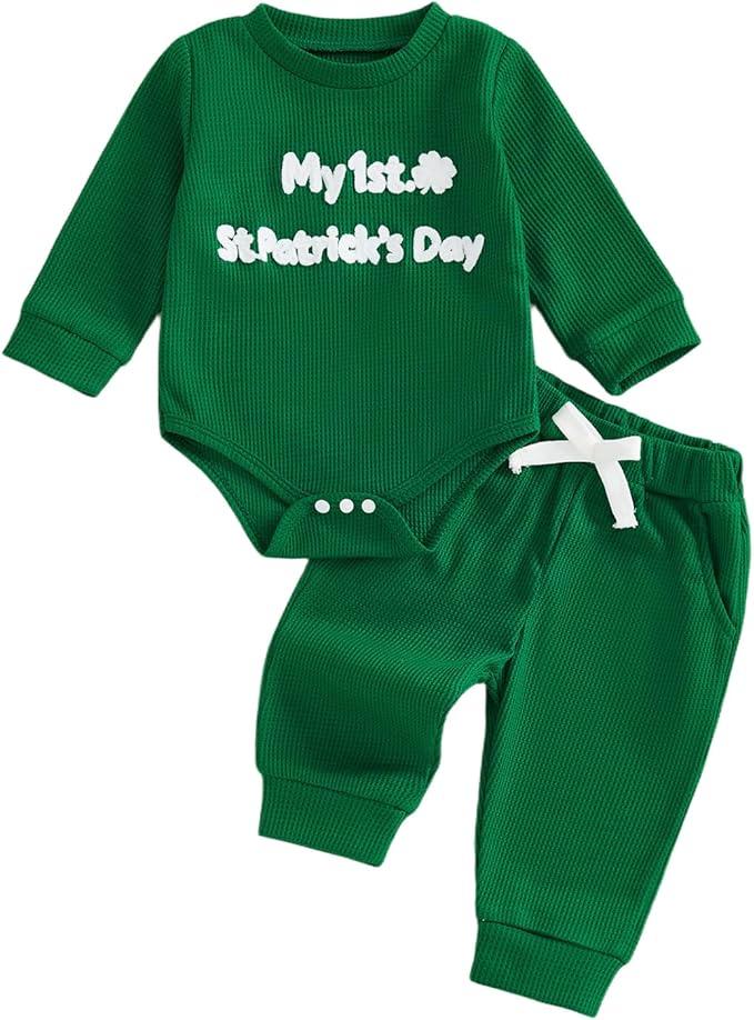 Douhoow Baby Boy St Patricks Day Outfit Infant Boy Girl My 1st St Patricks Embroidered Baby Sweatshirt Romper Pants Set 3-6 Month