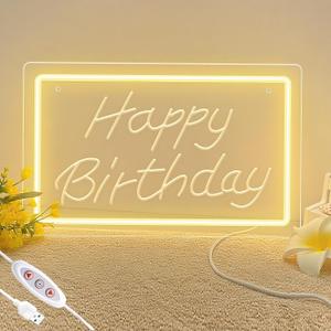Warm White Happy Birthday Neon Sign For Wall Decor,3D Art Carving Design LED Letter Neon Signs, Dimmable Neon Led Lights for Christmas Party Wedding Living Room Birthday Gift