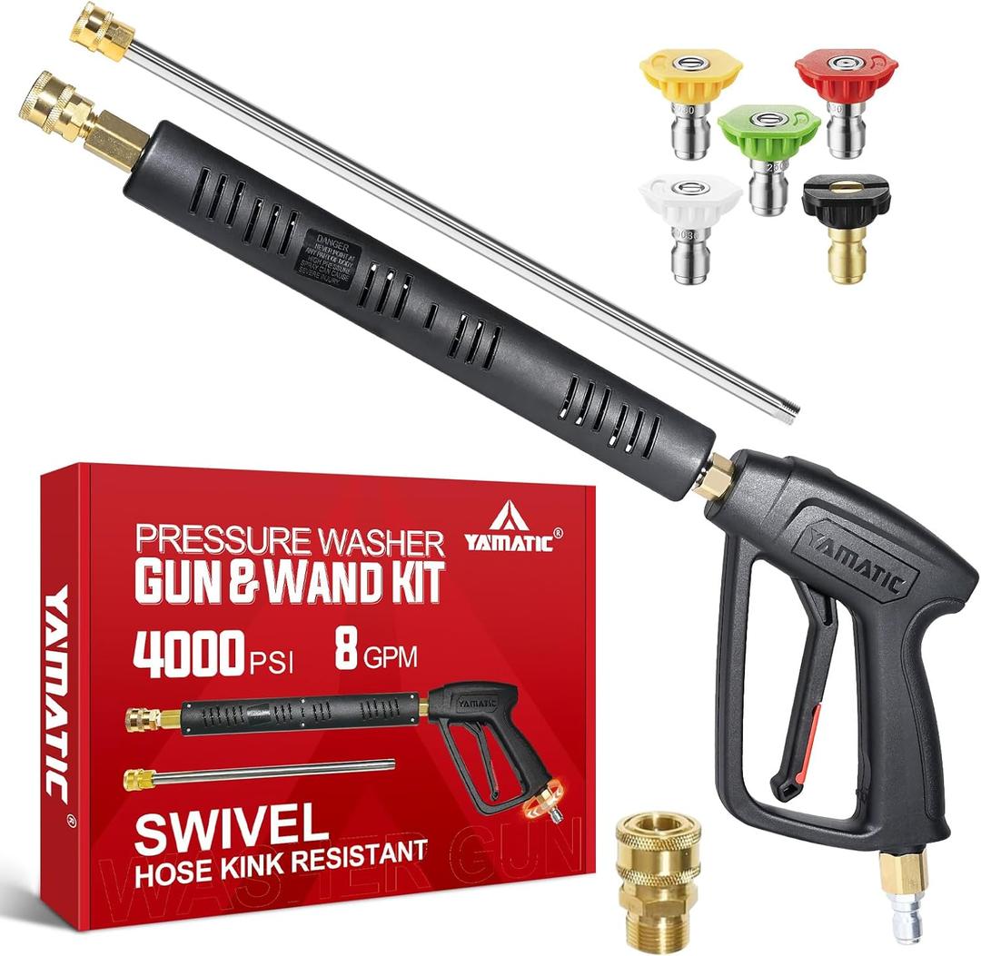 YAMATIC Pressure Washer Wand with Stainless Steel Extension Lance 4000PSI
Swivel 3/8" Quick Connect & M22-14mm 1/4" Outlet 5 Nozzle Tips, Replacement for Simpson, Craftsman for Foam Cannon Car Wash