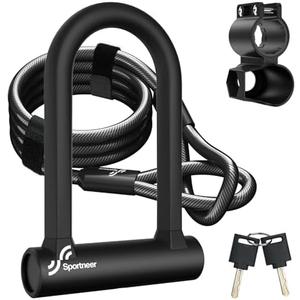 Sportneer Bike Lock: Heavy Duty Anti Theft Bike U Lock with 5ft Security Steel Cable - 17mm Shackle Bicycle U-Locks with Keys & Sturdy Mounting Bracket for Road, Mountain, Electric & Folding Bike