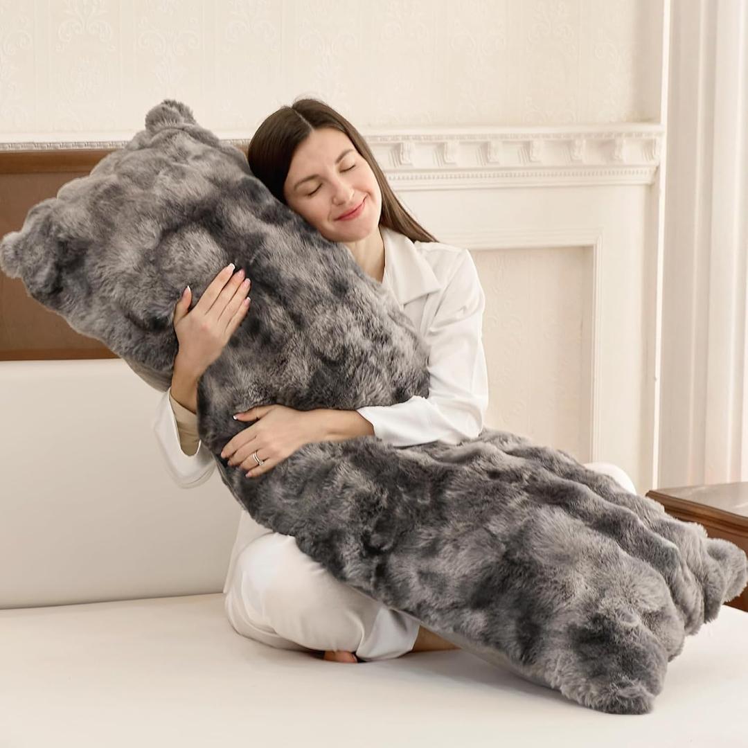 ZonLi Fluffy Body Pillow for Adults, Fuzzy Faux Fur Body Pillow with Shredded Memory Foam, Adjustable Support for Side Sleepers, Pregnancy & Bedding Decor, Gifts, 20 x 54 Inch, Grey