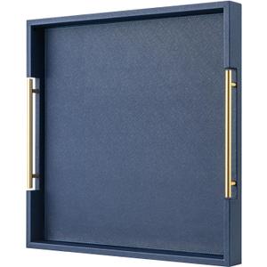 Navy Blue Faux Leather Decorative Tray,Large Square Serving Tray with Handles,coffee table tray for Home decor,Large Ottoman Tray for Living Room,Bathroom, 20 x 20in (20" x 20" x 2")