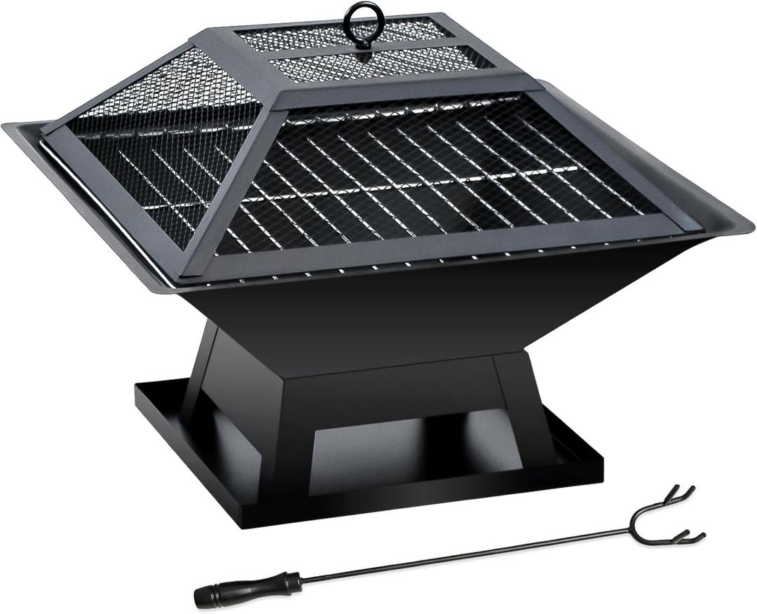 19.8inch Portable Small Fire Pit with a Removable Ash Pan, Fire Poker, Mesh Lid, 2 in 1 Square Outdoor Fireplace for BBQ, Outside Heating, Bonfire Party, Camping, Backyard, Patio, RV Trip