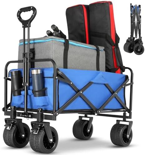 EVLIQUIL Collapsible Foldable Beach Wagon,Folding Wagon Cart with Big Wheels,Utility Grocery All Terrain Wagons carts Foldable with Brakes for Sand Camping Sports Outdoor(Lake Blue).