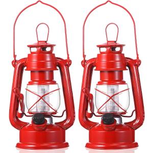 Hortsun 2 Pcs 8 Inch Vintage LED Hurricane Lantern Metal Red Outdoor Battery Operated Hanging Lantern with Warm LEDs and Dimmer Switch for Halloween Christmas Indoor Rustic Farmhouse Camping Decor