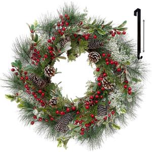 FINECASA Red Berry Christmas Wreath, 24 Inch Door Wreath, Pinecones & Mixed Greenery Holiday Decor for Front Door, Indoor/Outdoor Porch Window Decorations