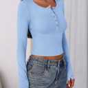 PRETTYGARDEN Women's 2025 Summer Long Sleeve Henley T Shirts Ribbed Knit Button Slim Fitted Basic Casual Going Out Fall Tops (Blue, XS)