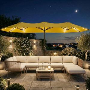 15FT Large Outdoor Patio Umbrella with Solar Lights and Base, Double-Sided Table Umbrellas with 48 LED Lights, Rectangle Market Umbrella for Pool, Deck, Backyard