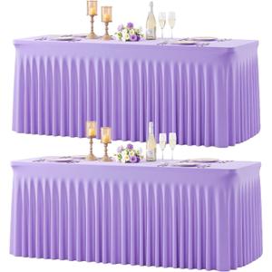 Suppromo 2 Pack 8ft Lavender Spandex Table Cloths for Rectangle Tables Wrinkle Free Light Purple Rectangle Tablecloths Stretch Fitted Table Cover for Birthday Party Wedding Banquet Baby Shower Buffet