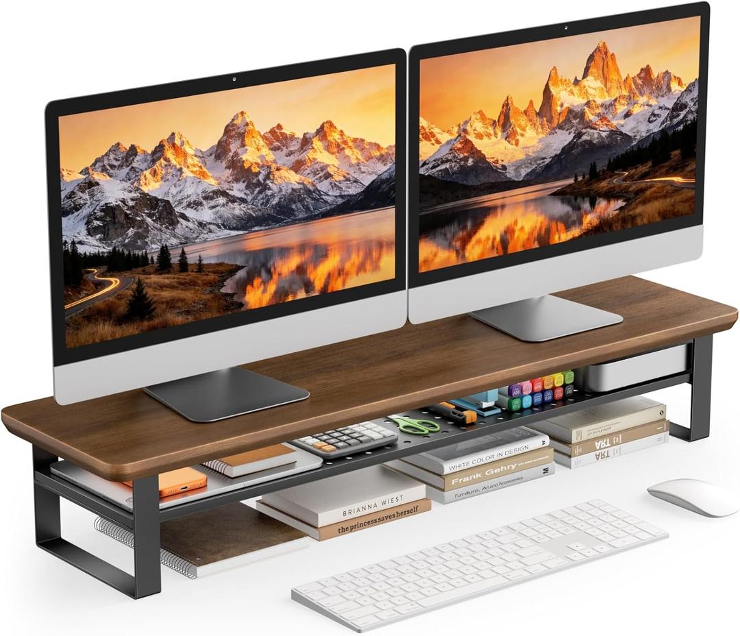 Dual Monitor Stand, 35.4 Inch Monitor Stand Riser for 2 Monitors, 2 Tiers Wood Desk Shelf with Storage, Desktop Organizer Stand for Computer, Laptop, Printer, TV (Black Walnut)