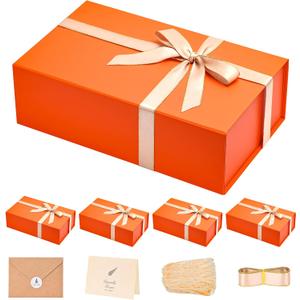 LIFELUM Christmas Gift Boxes 13.85 x 8.35 x 4.45 inch 5 Pack Gift Boxes with Lids Contains Card, Ribbon, Shredded Paper Filler (Orange)