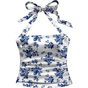 Women's Floral Print Halter Crop Top Summer Ruched Tie Backless Sleeveless Boho Tank Tops (XS)
