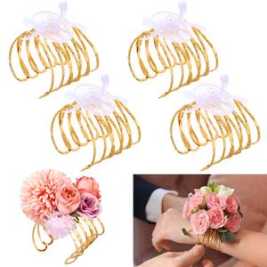 Hotop 4 Set Hammered Textured Gold Corsage Wrist Bracelet Bands Bride Bracelet Adjustable Wrist Corsage DIY Wedding Wristband Accessory for Bridal Party Prom