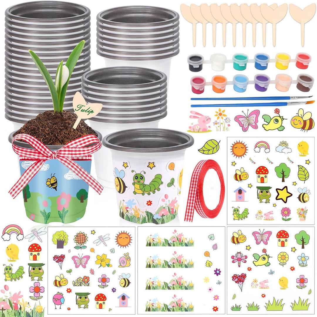 Garden Plastic Pot Craft Kit 32 Nursery Pots with 32 Stickers 32 Plant Labels 4 Painting Tools and 1 Ribbon for Mother's Day Flower Plant Spring Graduation DIY Crafts Painting Gardening Growing Tools