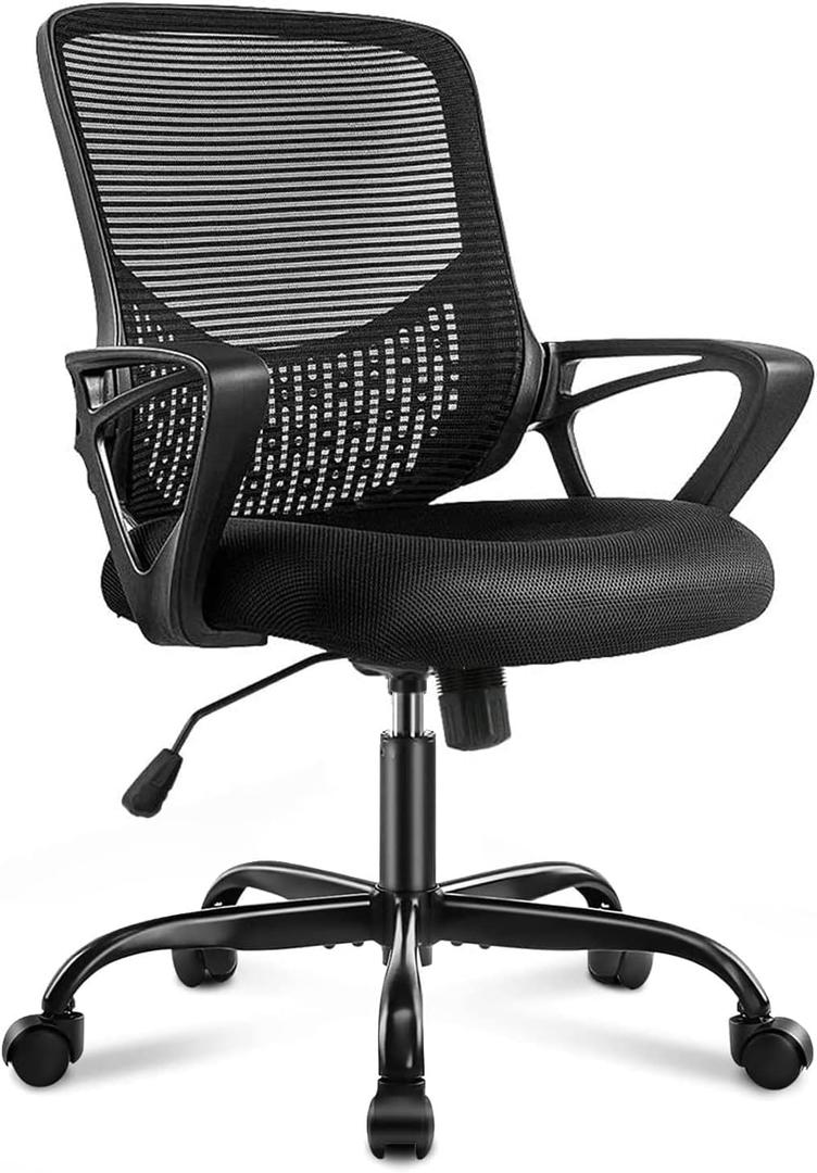 Desk Computer Chair with Wheels Ergonomic Home Office Chair with Lumbar Support and Fixed Armrests, Mid Back Mesh Chair Rolling Swivel ChairBlack