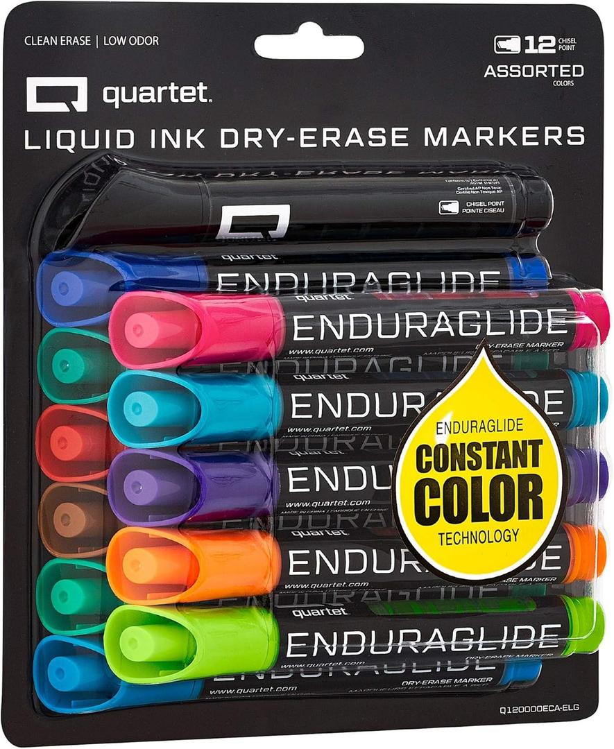 Quartet Dry Erase Markers, Whiteboard Markers, Chisel Tip, EnduraGlide, White Board Dry Erase Pens for Teachers, Home, School & Office Supplies, Assorted Colors, 12 Pack (5001-18MA)