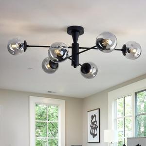 Modern Sputnik Ceiling Lights Black Semi Flush Mount Ceiling Fixture with Glass Globes 6 Light Chandelier for Dining Room Bedroom Living Room Kitchen Farmhouse.